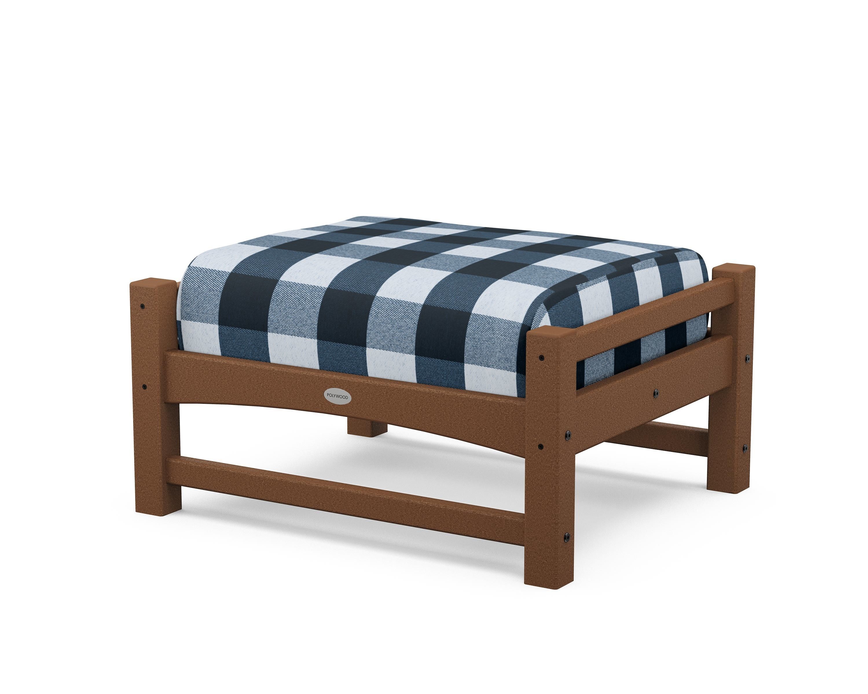 POLYWOOD® Club Ottoman in Teak / Buffalo Plaid Marine Indigo