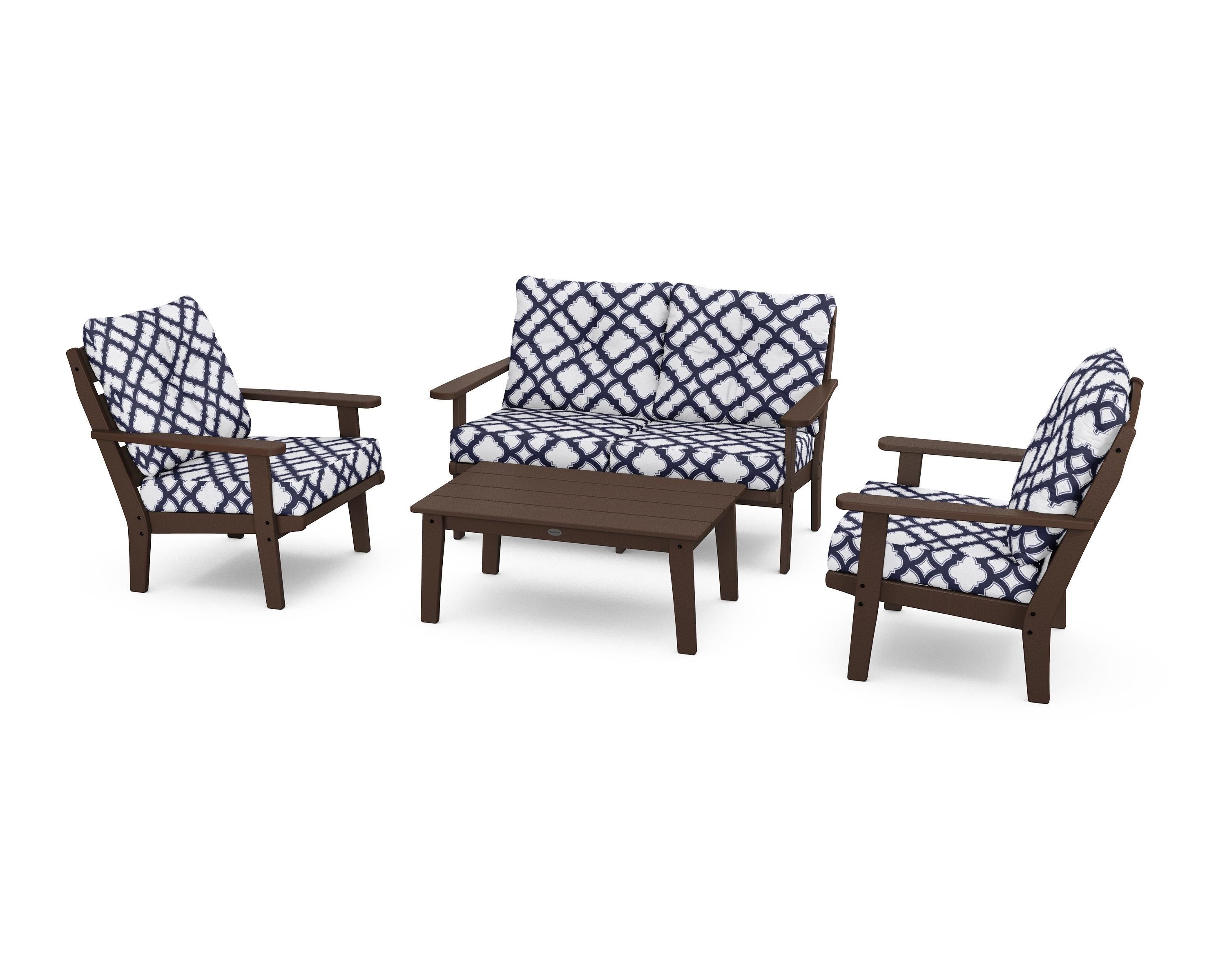 POLYWOOD® Lakeside 4-Piece Deep Seating Set in Mahogany / Trellis Navy