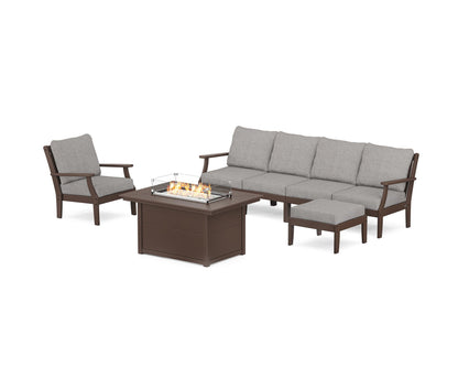 POLYWOOD® Braxton Sectional Lounge and Fire Pit Set in Mahogany / Grey Mist