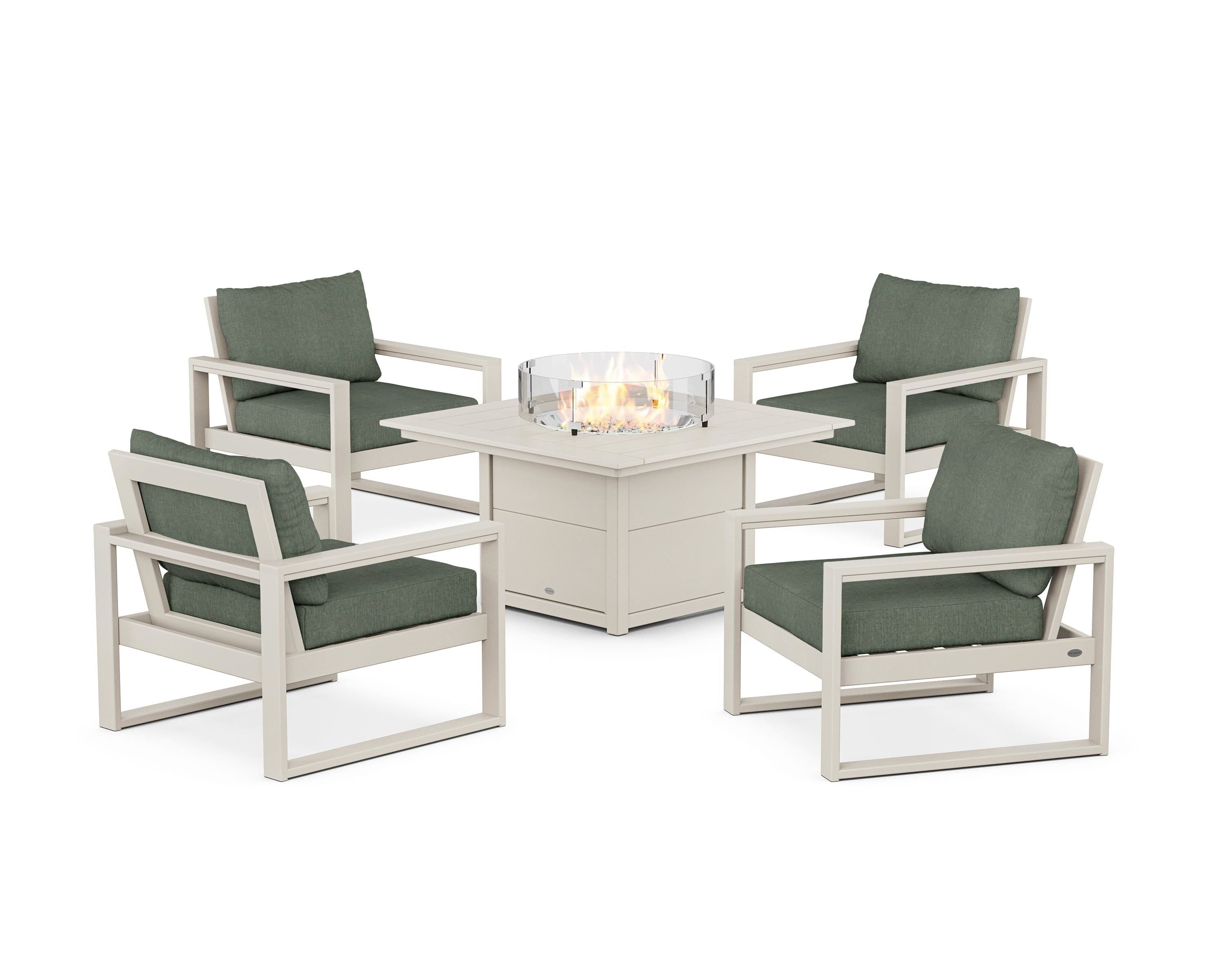 POLYWOOD® EDGE Sectional 5-Piece Deep Seating Set with Fire Pit Table in Sand / Cast Sage