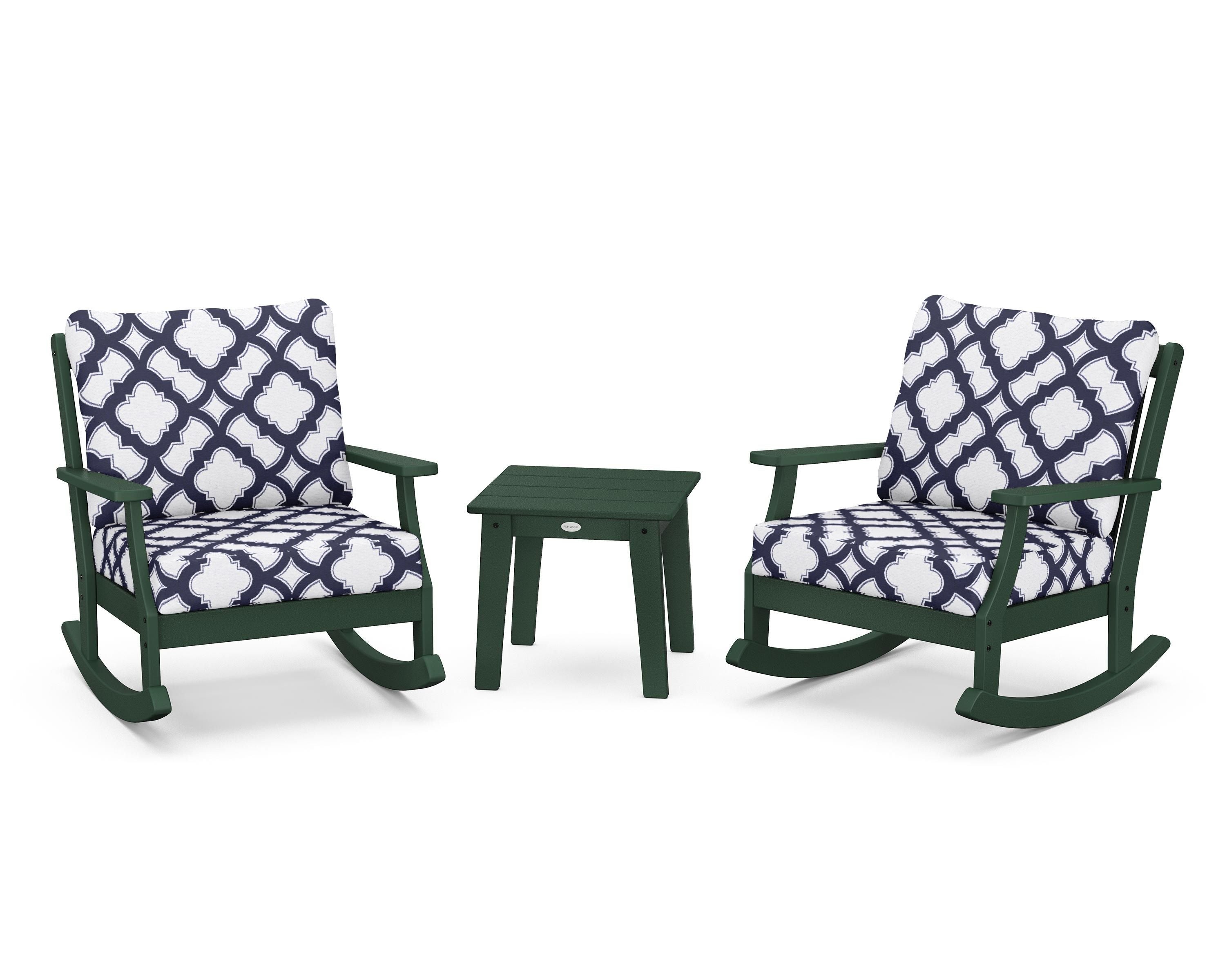 POLYWOOD® Braxton 3-Piece Deep Seating Rocker Set in Green / Trellis Navy
