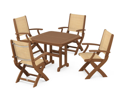 POLYWOOD® Coastal Folding Chair 5-Piece Dining Set in Teak / Dupioni Apricot Sling