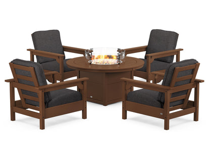 POLYWOOD® Club 5-Piece Conversation Set with Fire Pit Table in Teak / Ash Charcoal