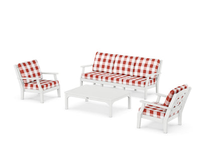 Martha Stewart by POLYWOOD® Chinoiserie 4-Piece Deep Seating Set with Sofa in White / Buffalo Plaid Crimson