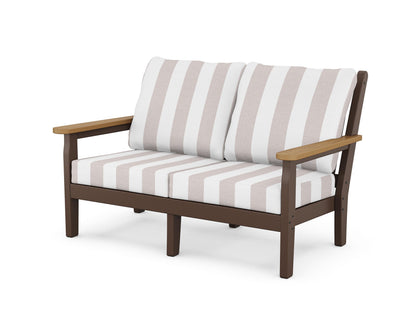 POLYWOOD® Chippendale Deep Seating Loveseat in Mahogany / Natural / Cabana Stripe Dune Burlap