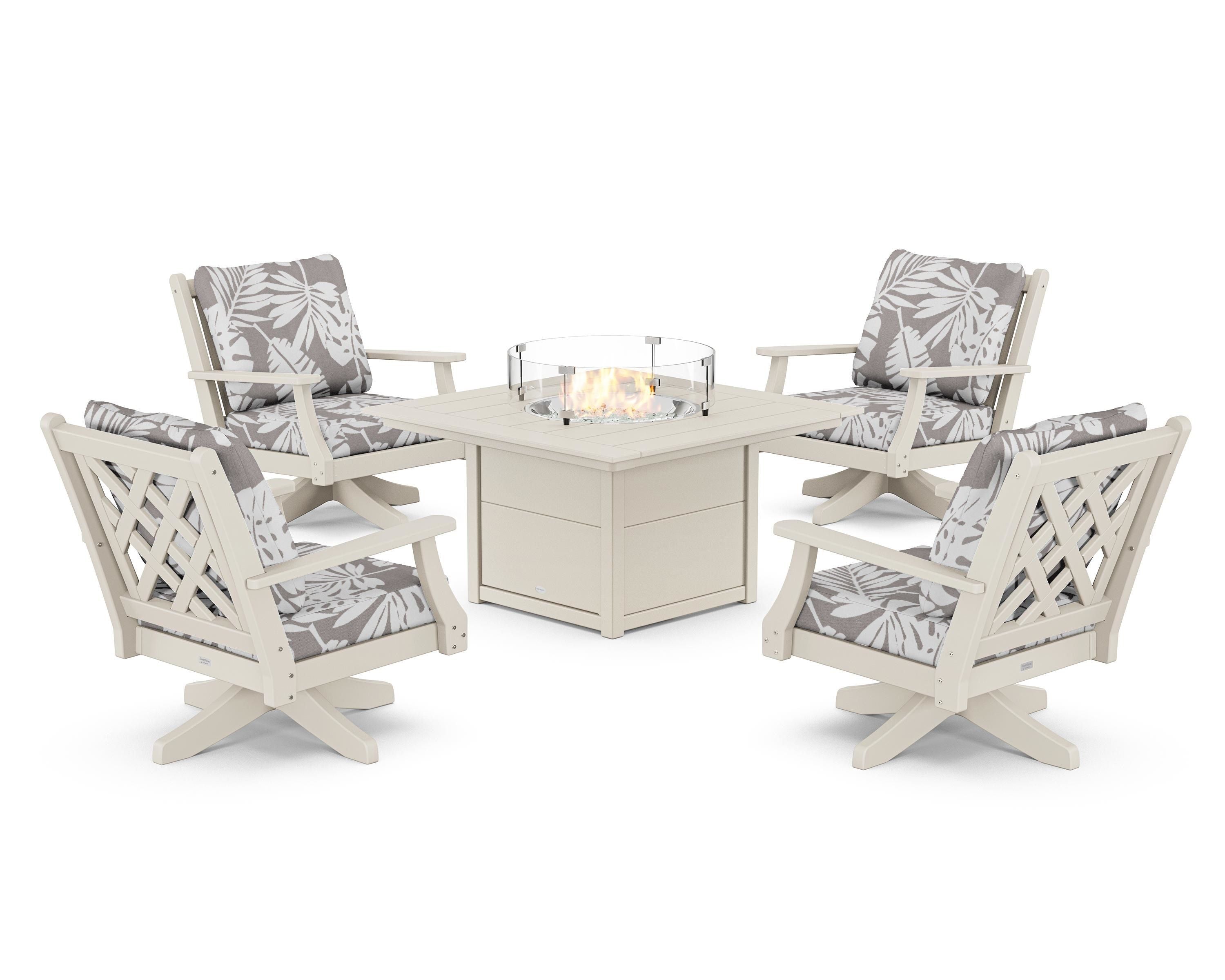 Country Living Wovendale 5-Piece Deep Seating Swivel Conversation Set with Fire Pit Table in Sand / Leaf Grey Mist