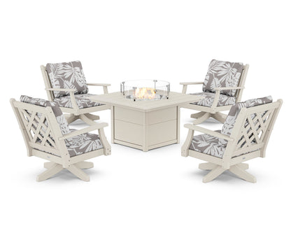 Country Living Wovendale 5-Piece Deep Seating Swivel Conversation Set with Fire Pit Table in Sand / Leaf Grey Mist