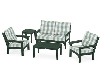POLYWOOD® Vineyard 5-Piece Deep Seating Set in Green / Buffalo Plaid Glacier Spa