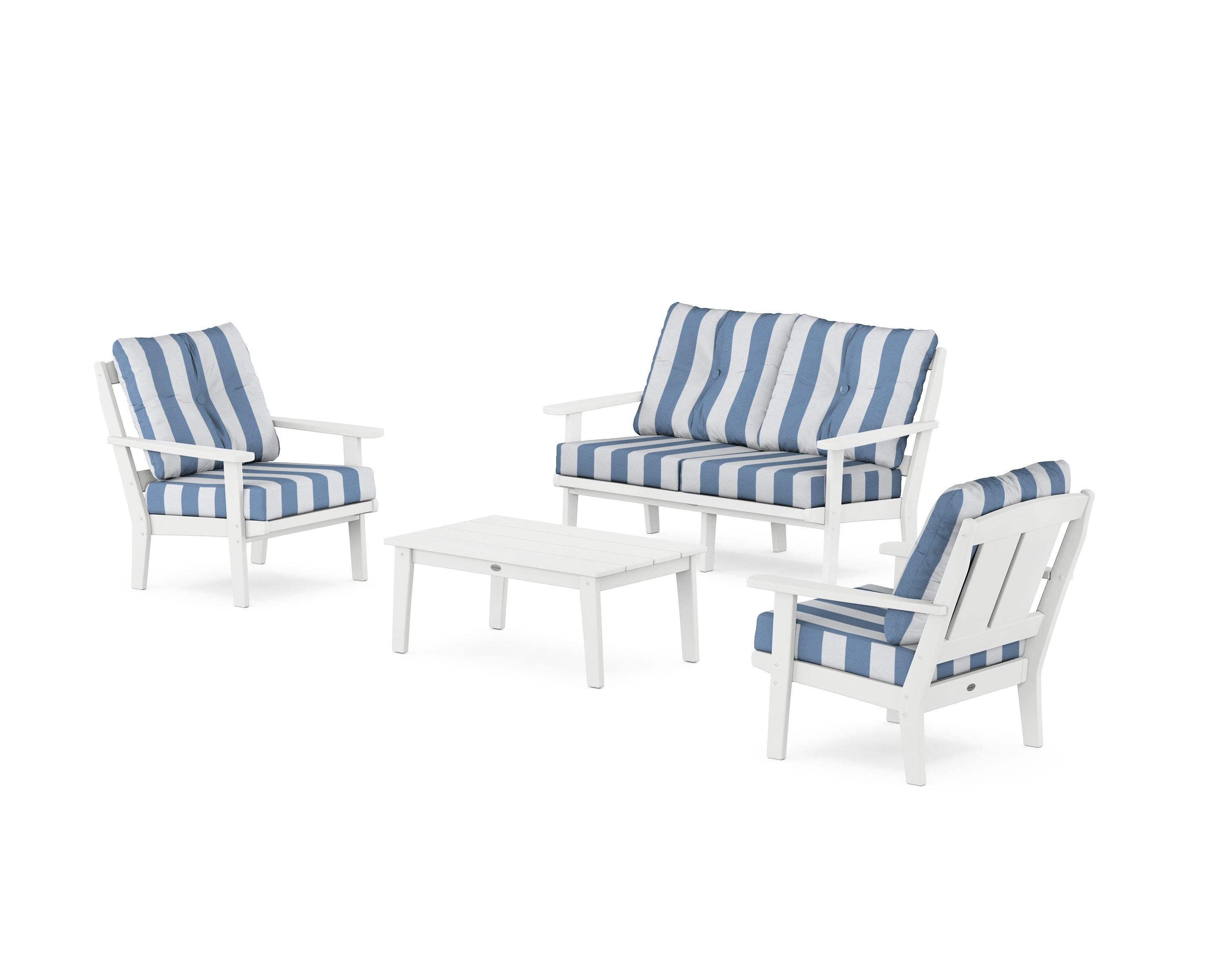 POLYWOOD® Mission 4-Piece Deep Seating Set with Loveseat in White / Cabana Stripe Sky Blue