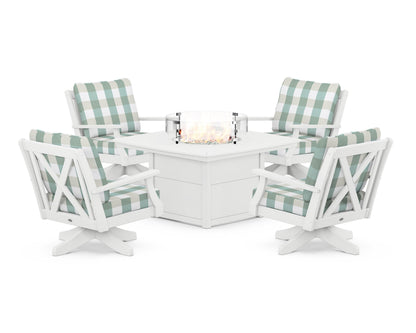 POLYWOOD® Braxton 5-Piece Deep Seating Swivel Conversation Set with Fire Pit Table in White / Buffalo Plaid Glacier Spa