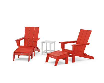 POLYWOOD® 5-Piece Modern Studio Folding Adirondack Set with Ottomans and Side Table  in Sunset Red / White