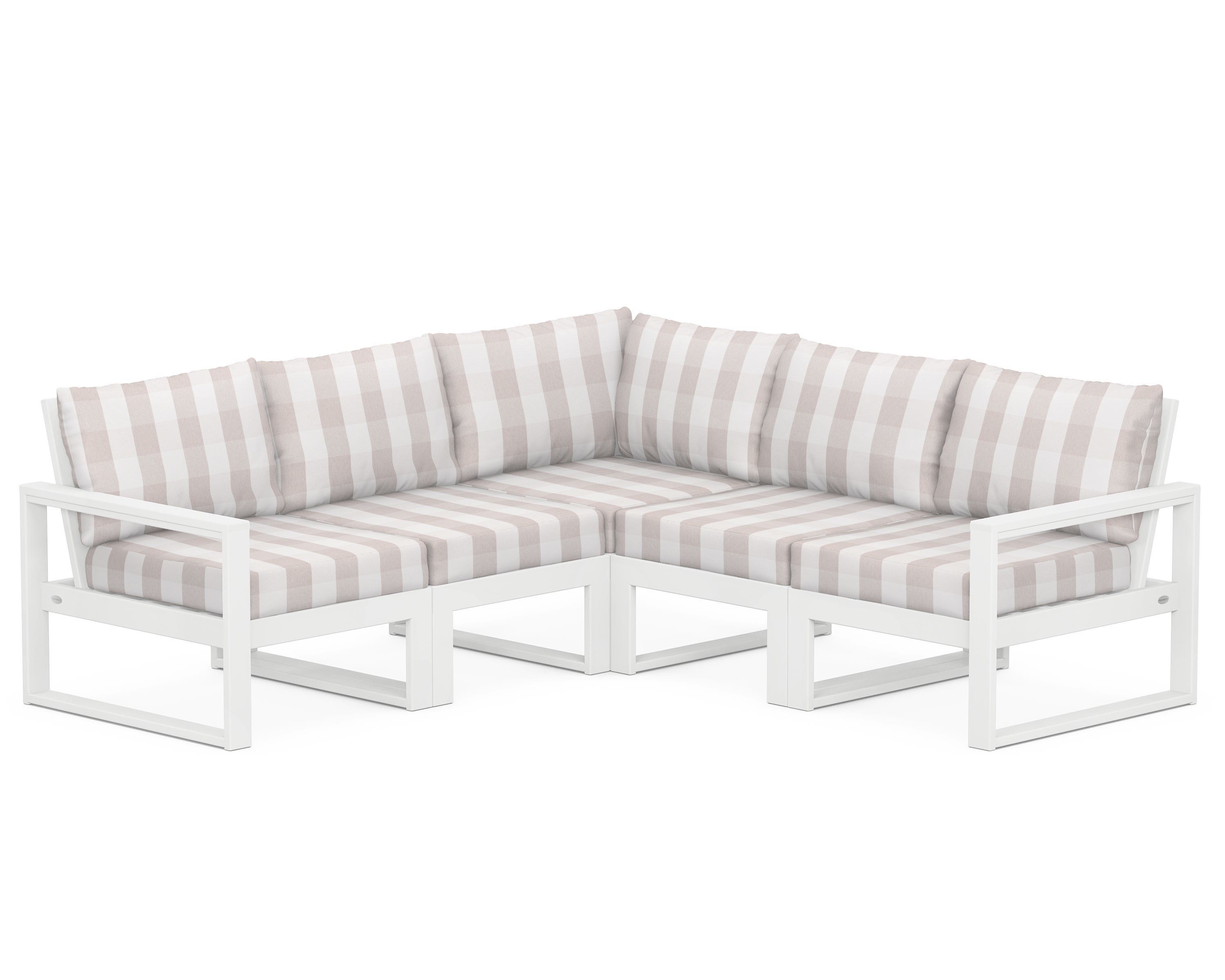 POLYWOOD® EDGE 5-Piece Modular Deep Seating Set in White / Buffalo Plaid Dune Burlap