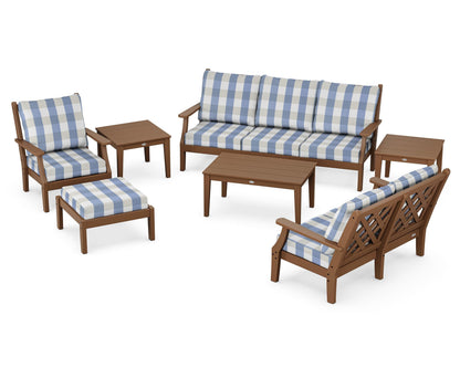 Country Living Wovendale 7-Piece Deep Seating Set in Teak / Buffalo Plaid Sky Blue