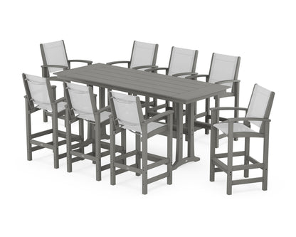 POLYWOOD® Coastal 9-Piece Farmhouse Bar Set with Trestle Legs in Slate Grey / White Sling