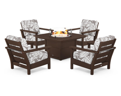 POLYWOOD® Harbour 5-Piece Conversation Set with Fire Pit Table in Mahogany / Leaf Grey Mist