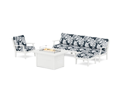 POLYWOOD® Braxton Sectional Lounge and Fire Pit Set in White / Leaf Marine Indigo