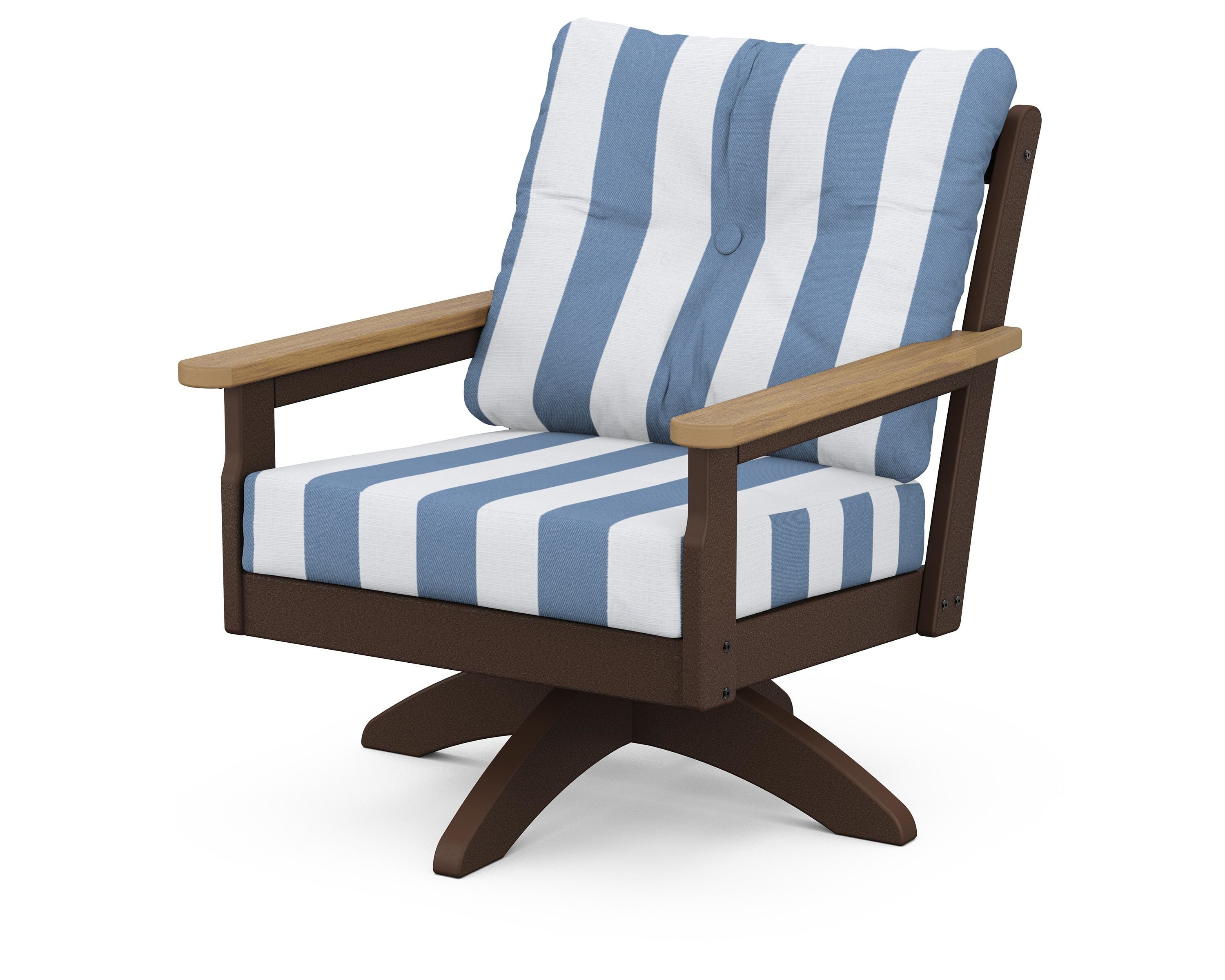 POLYWOOD® Vineyard Deep Seating Swivel Chair in Mahogany / Natural / Cabana Stripe Sky Blue