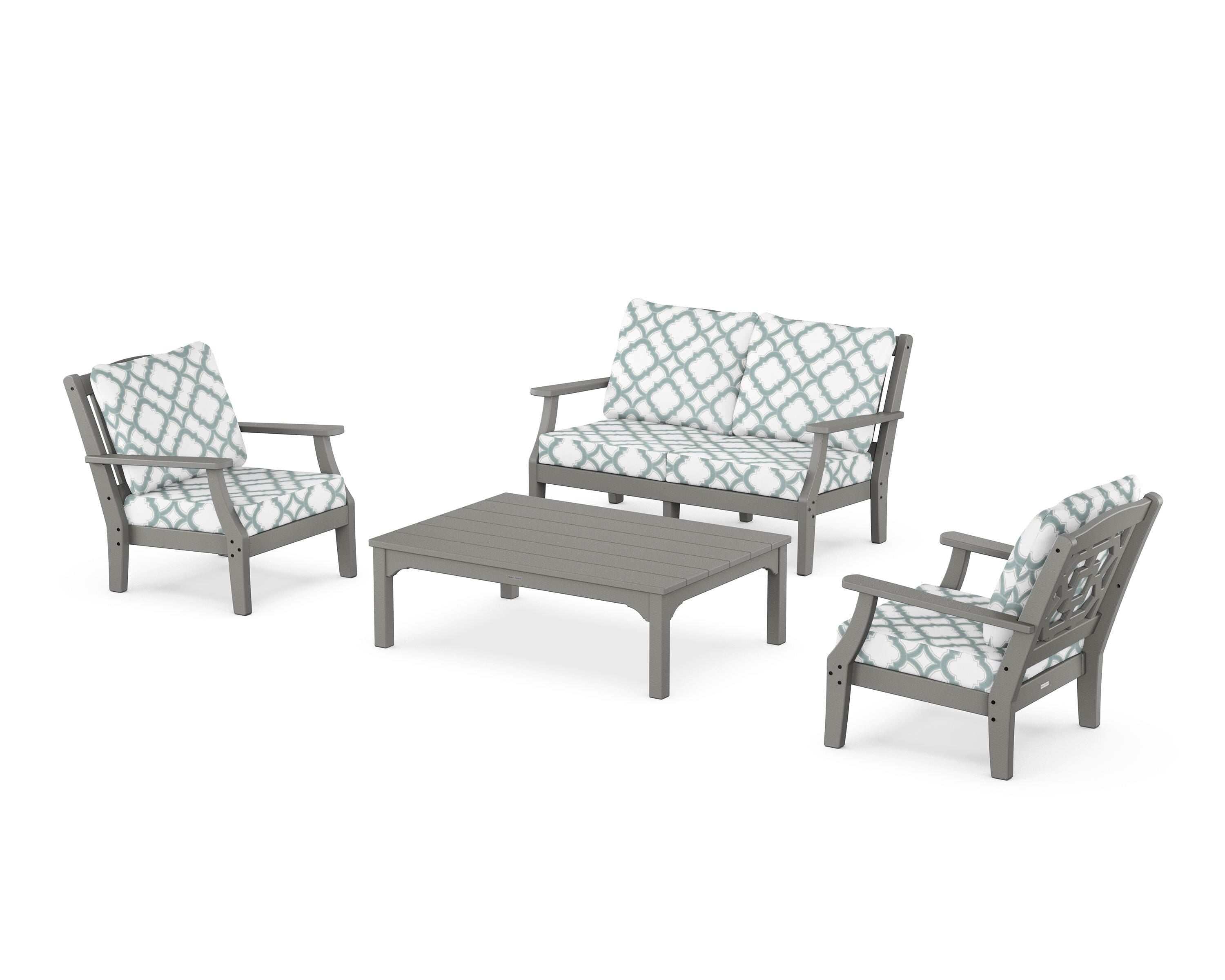 Martha Stewart by POLYWOOD® Chinoiserie 4-Piece Deep Seating Set with Loveseat in Slate Grey / Trellis Glacier Spa