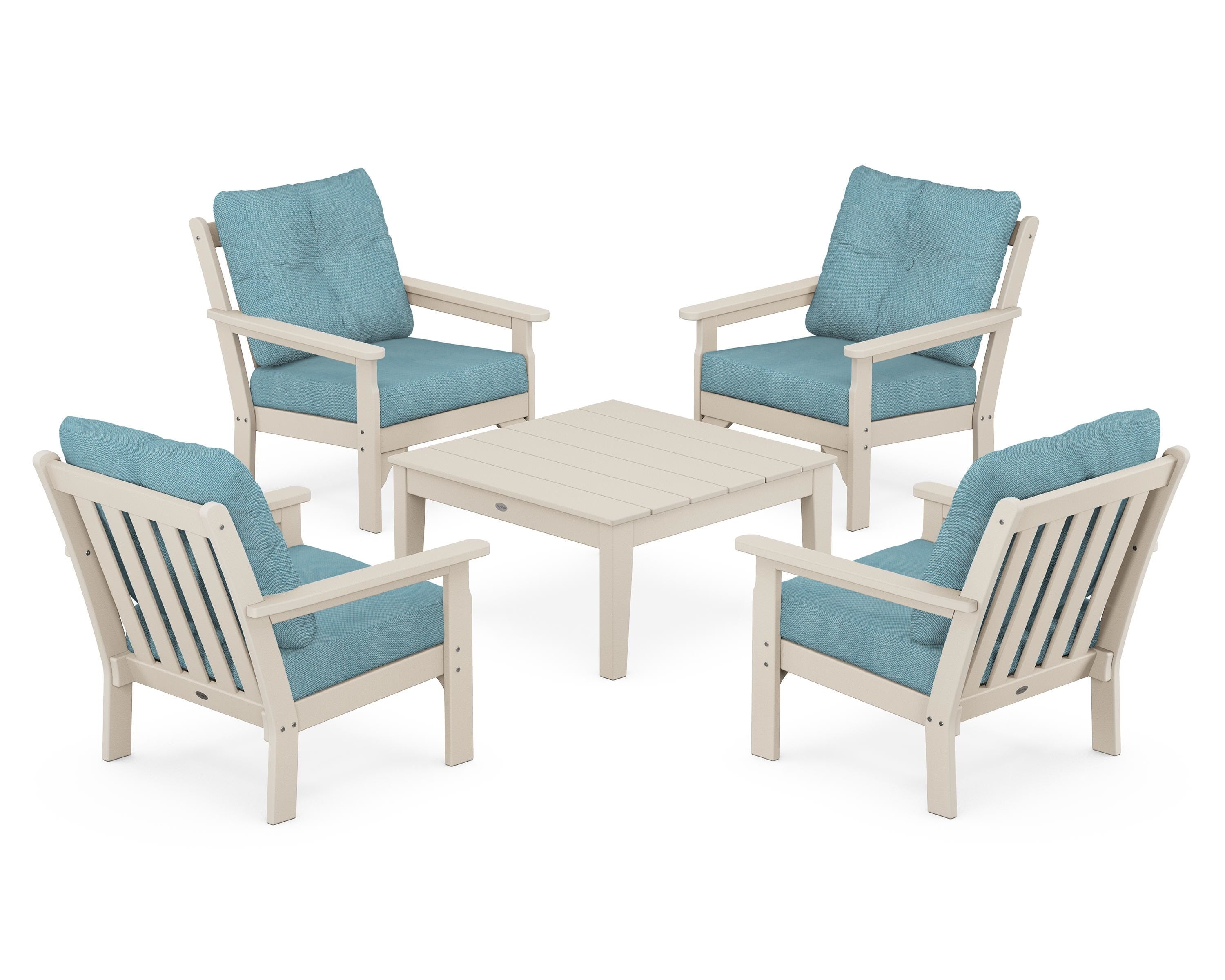 POLYWOOD® Vineyard 5-Piece Deep Seating Conversation Set in Sand / Lattice Sky Blue