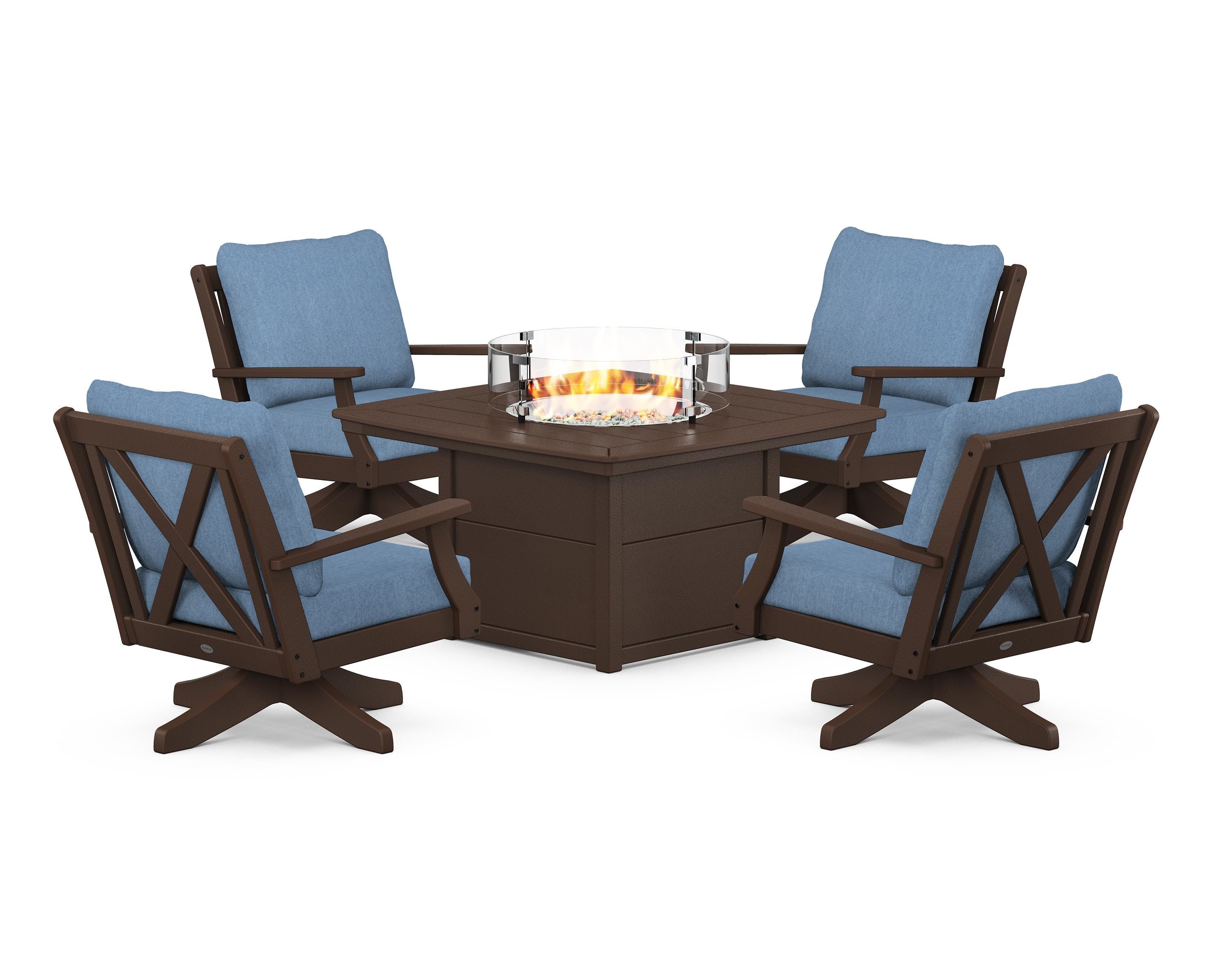 POLYWOOD® Braxton 5-Piece Deep Seating Swivel Conversation Set with Fire Pit Table in Mahogany / Sky Blue