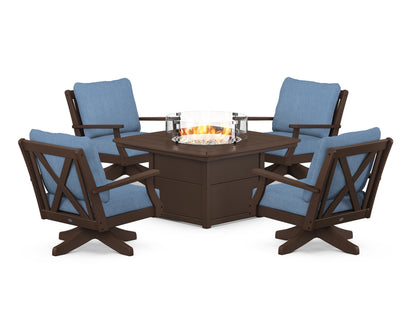 POLYWOOD® Braxton 5-Piece Deep Seating Swivel Conversation Set with Fire Pit Table in Mahogany / Sky Blue