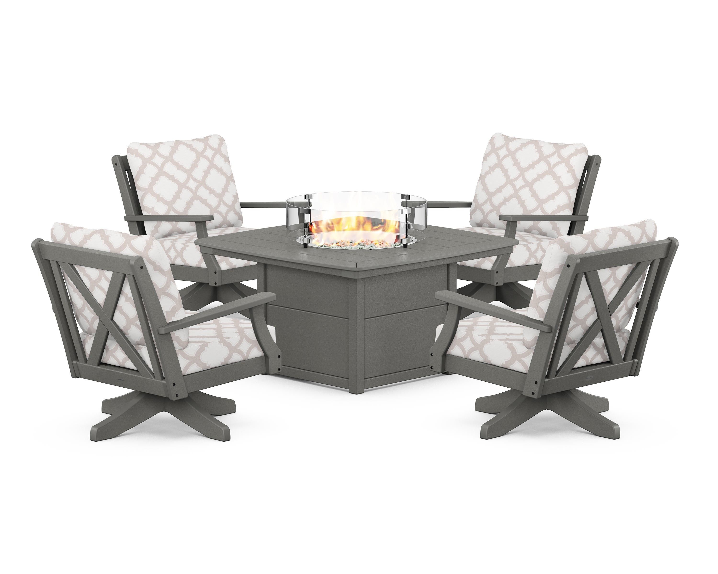 POLYWOOD® Braxton 5-Piece Deep Seating Swivel Conversation Set with Fire Pit Table in Slate Grey / Trellis Dune Burlap