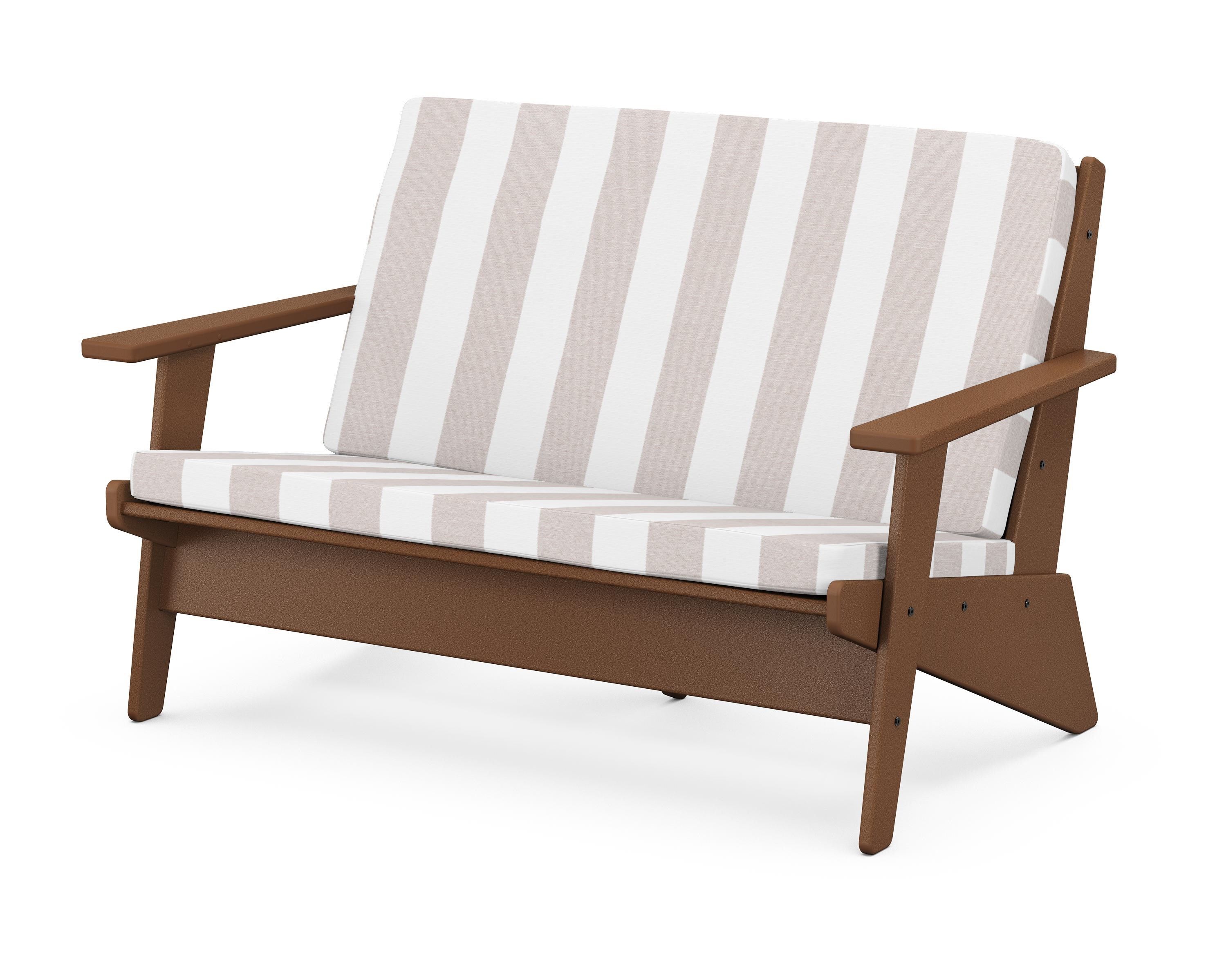 POLYWOOD® Riviera Modern Lounge Loveseat in Teak / Cabana Stripe Dune Burlap
