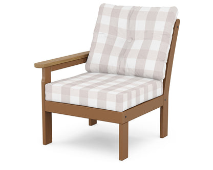 POLYWOOD® Vineyard Modular Left Arm Chair in Teak / Natural / Buffalo Plaid Dune Burlap