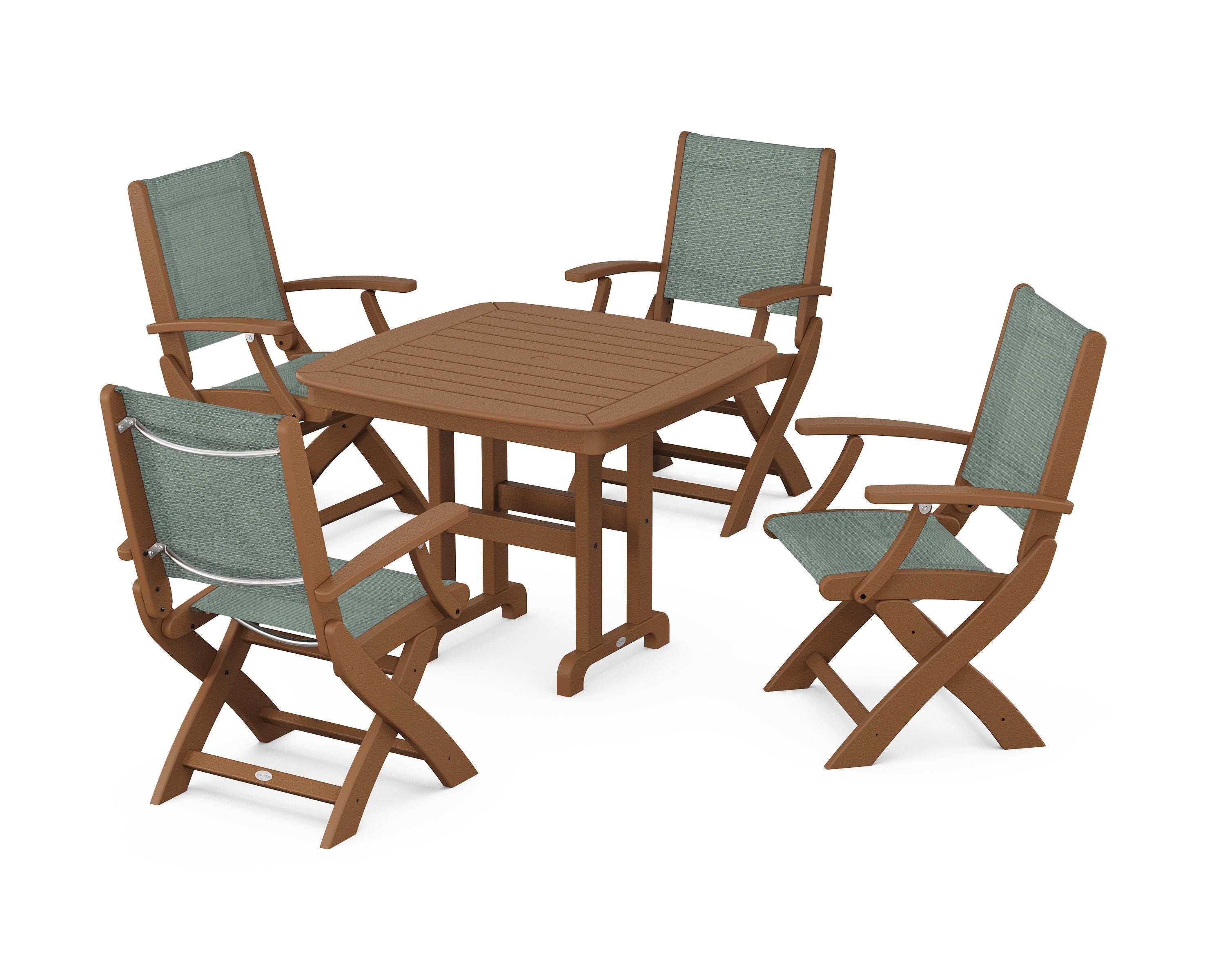 POLYWOOD® Coastal Folding Chair 5-Piece Dining Set in Teak / Dupioni Sea Mist Sling