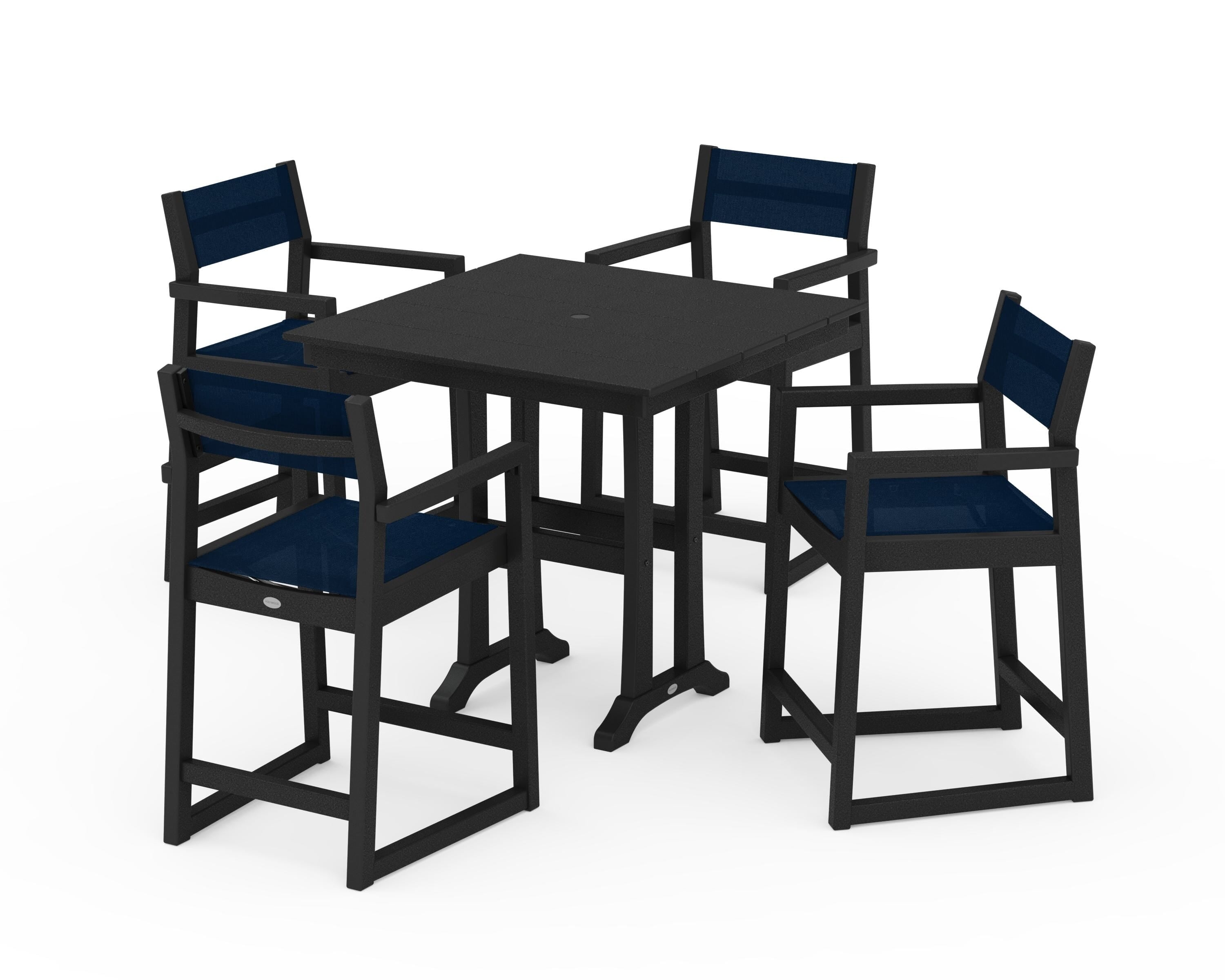 POLYWOOD® EDGE Sling Arm Chair 5-Piece Farmhouse Counter Set with Trestle Legs in Black / Navy Blue Sling