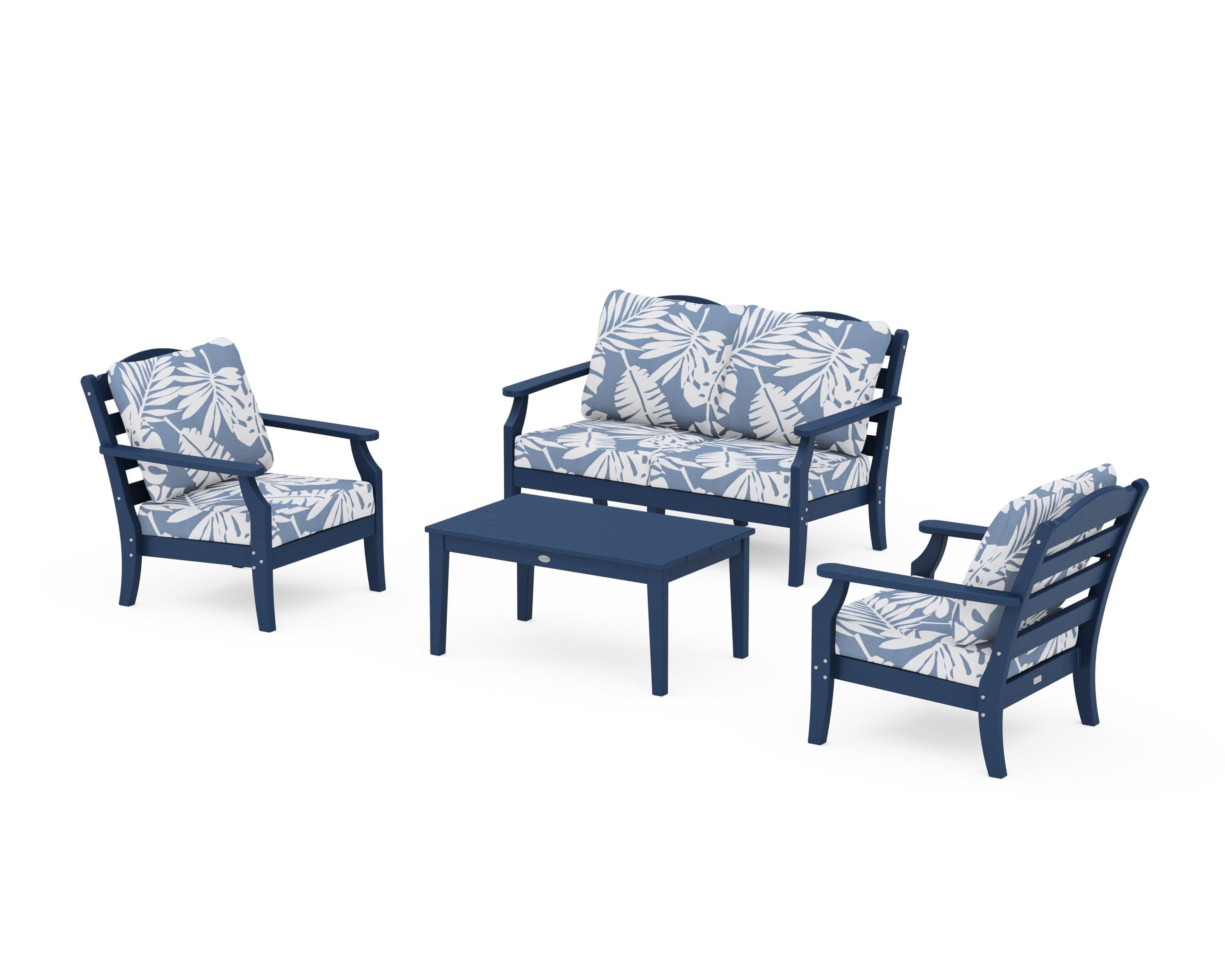 Draper James™ by  POLYWOOD® Savannah 4-Piece Deep Seating Set with Loveseat in Navy / Leaf Sky Blue