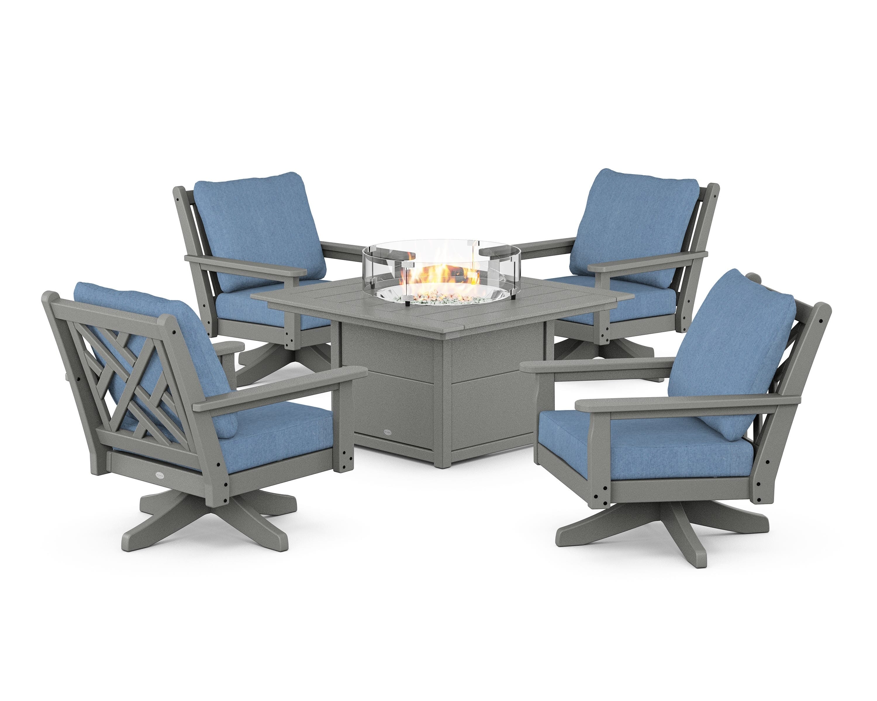 POLYWOOD® Chippendale 5-Piece Deep Seating Swivel Conversation Set with Fire Pit Table in Slate Grey / Sky Blue