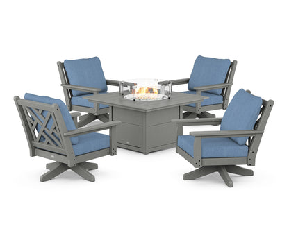 POLYWOOD® Chippendale 5-Piece Deep Seating Swivel Conversation Set with Fire Pit Table in Slate Grey / Sky Blue