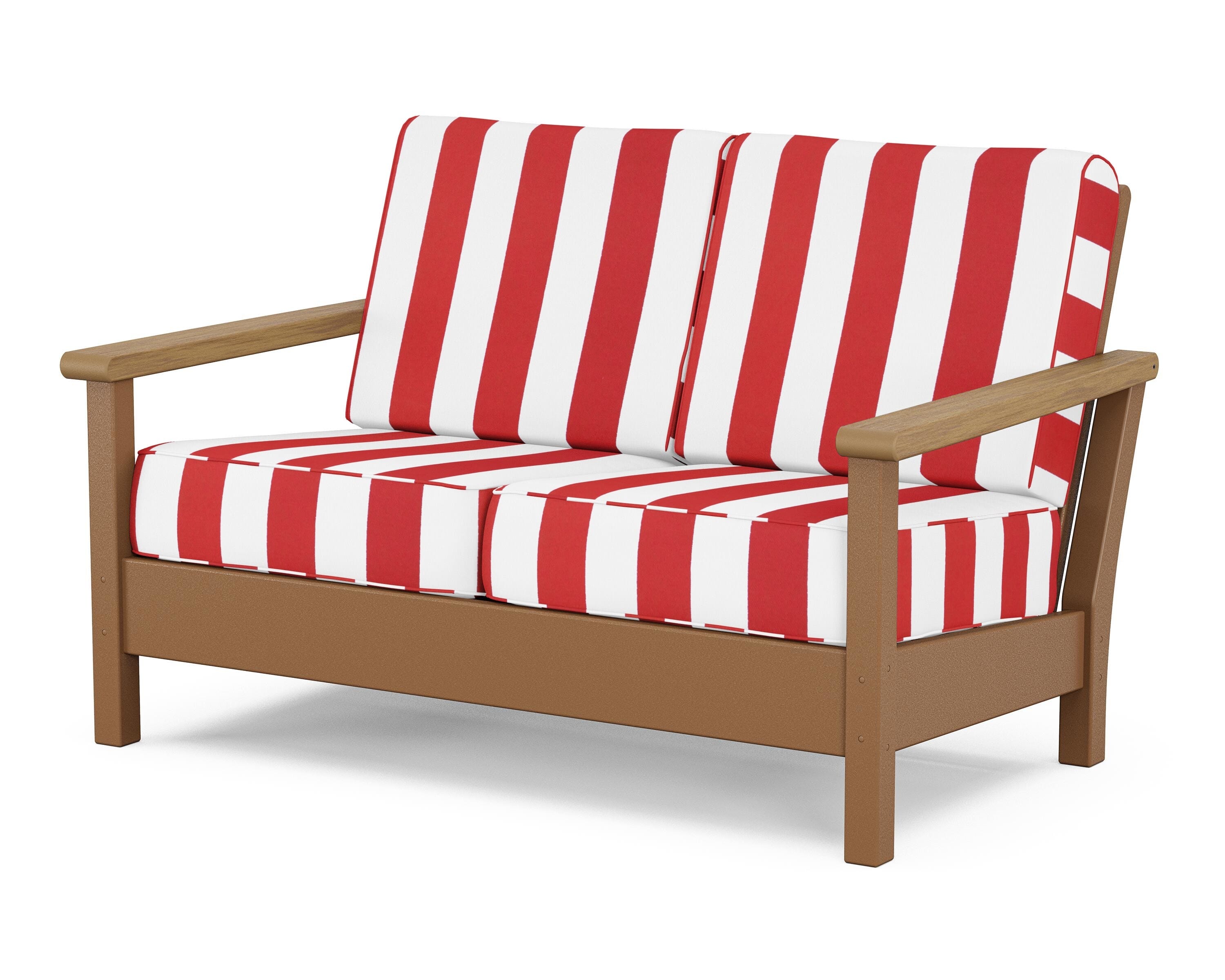 POLYWOOD® Harbour Deep Seating Loveseat in Teak / Natural / Cabana Stripe Crimson