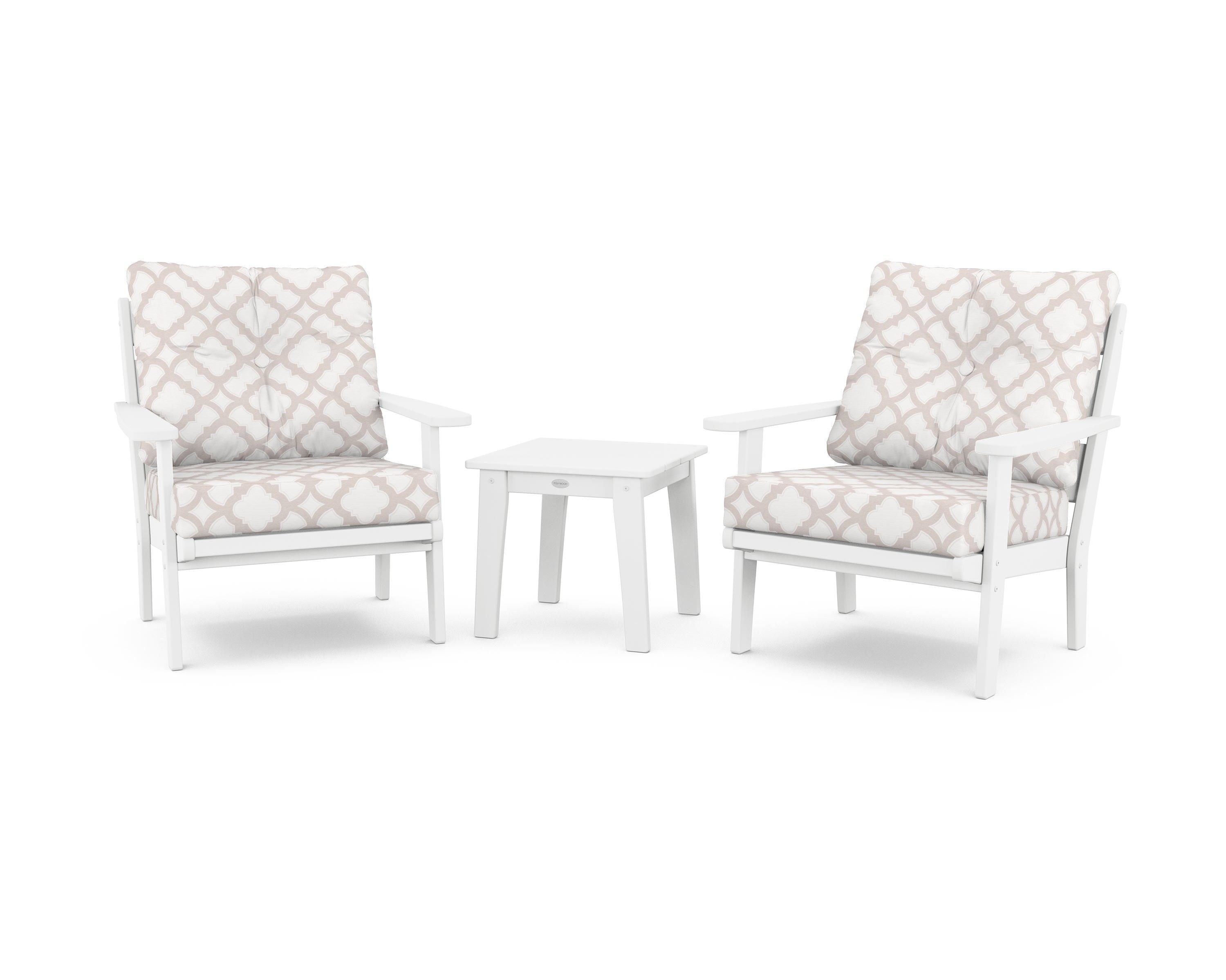 POLYWOOD® Lakeside 3-Piece Deep Seating Chair Set in White / Trellis Dune Burlap