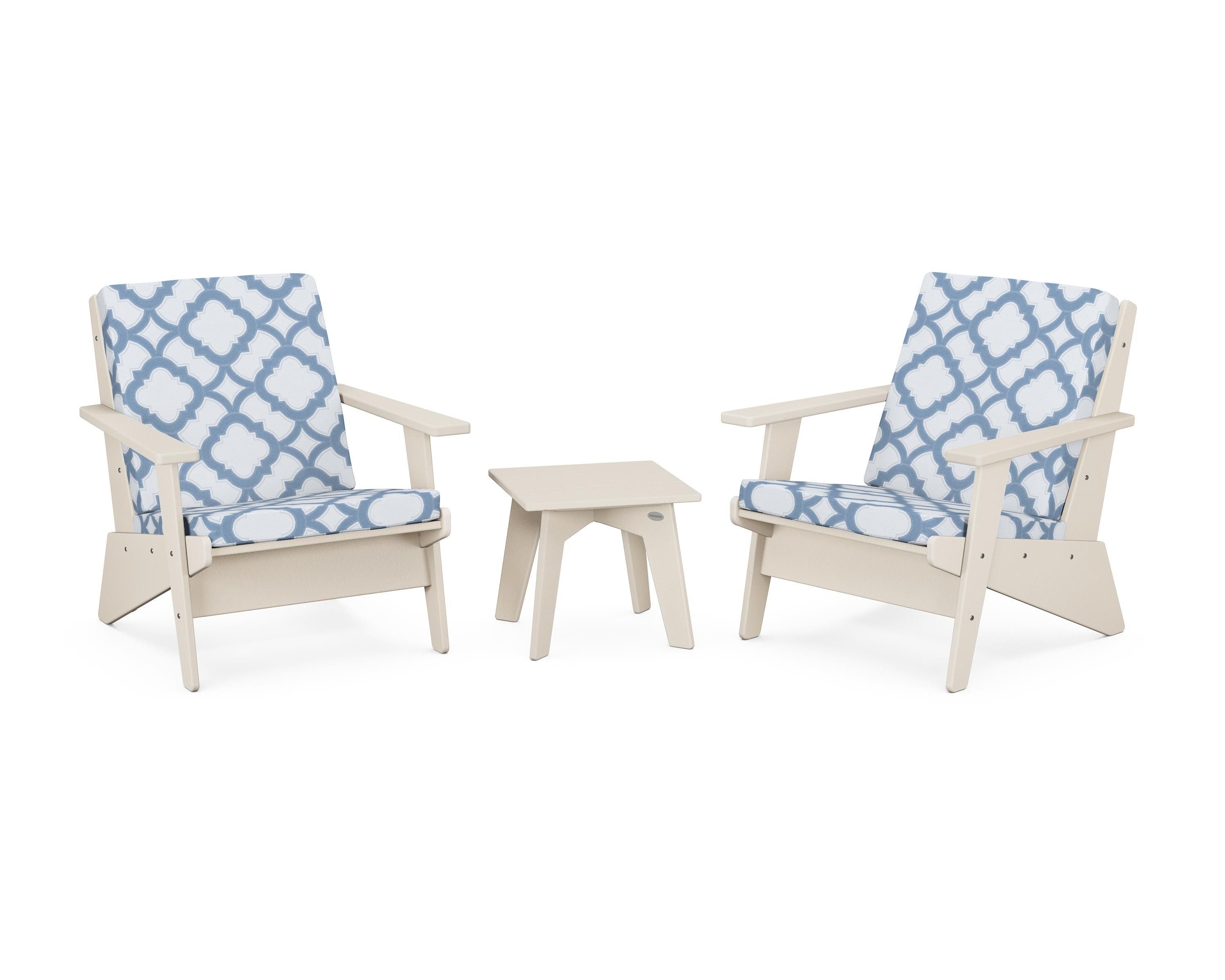 POLYWOOD® Riviera Modern Lounge 3-Piece Set in Sand / Trellis Sky Blue