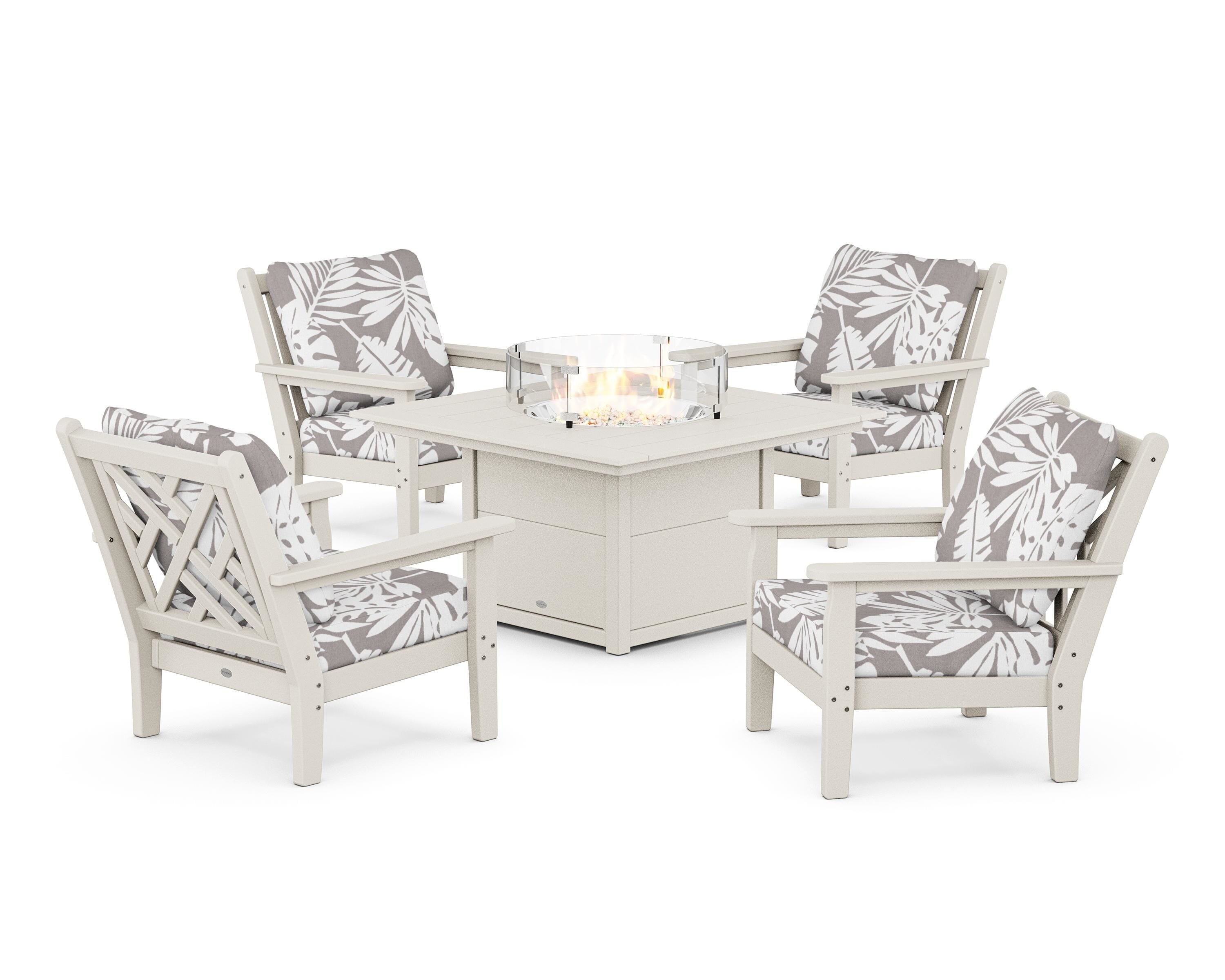 POLYWOOD® Chippendale 5-Piece Deep Seating Set with Fire Pit Table in Sand / Leaf Grey Mist