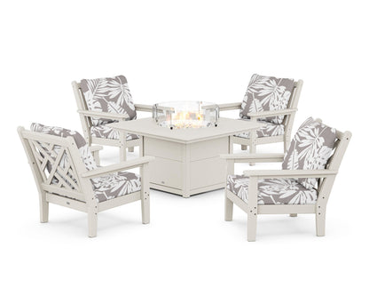 POLYWOOD® Chippendale 5-Piece Deep Seating Set with Fire Pit Table in Sand / Leaf Grey Mist