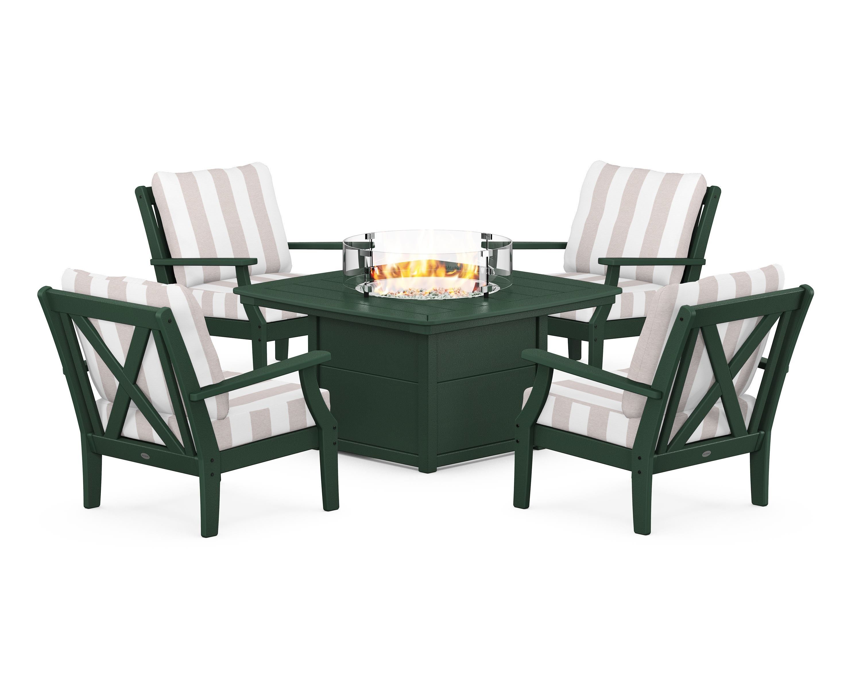 POLYWOOD® Braxton 5-Piece Deep Seating Conversation Set with Fire Pit Table in Green / Cabana Stripe Dune Burlap