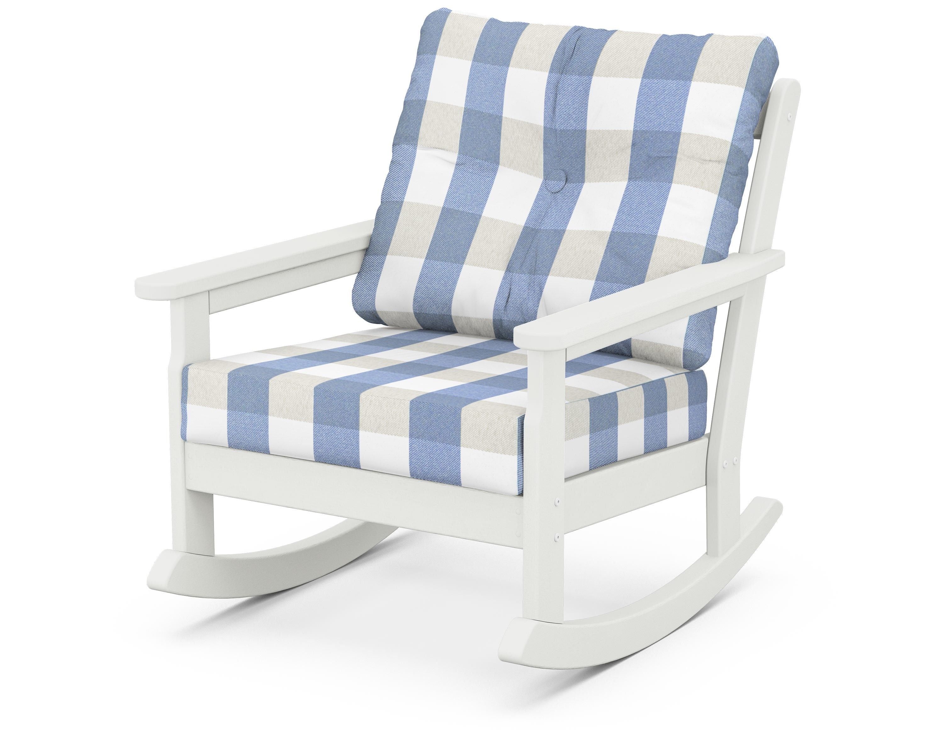 POLYWOOD® Vineyard Deep Seating Rocking Chair in Vintage White / Buffalo Plaid Sky Blue