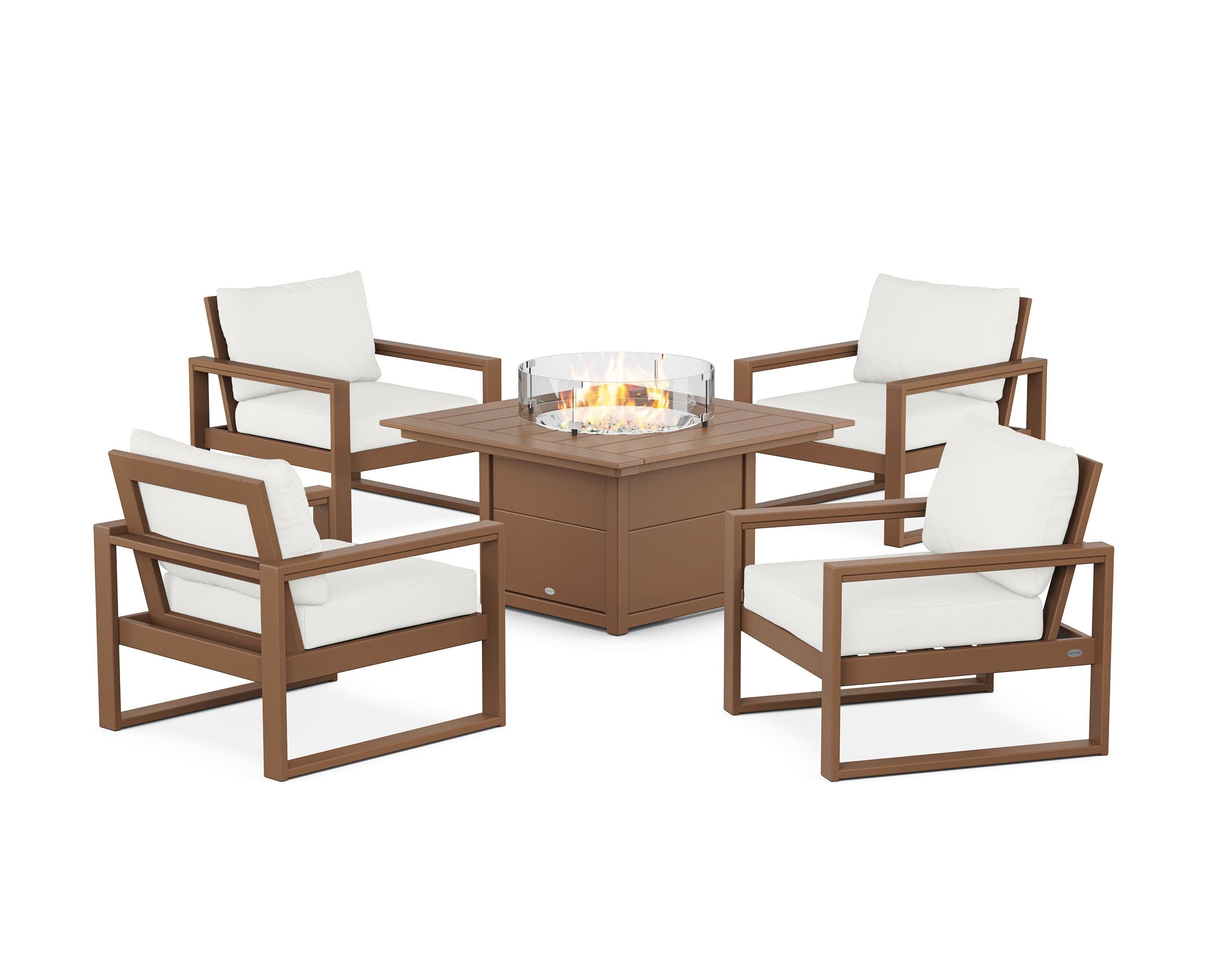 POLYWOOD® EDGE Sectional 5-Piece Deep Seating Set with Fire Pit Table in Teak / Natural Linen