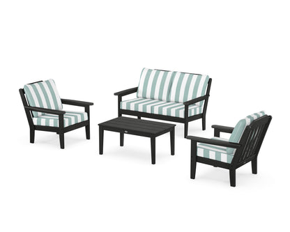 Country Living Cottage 4-Piece Deep Seating Set with Loveseat in Black / Cabana Stripe Glacier Spa