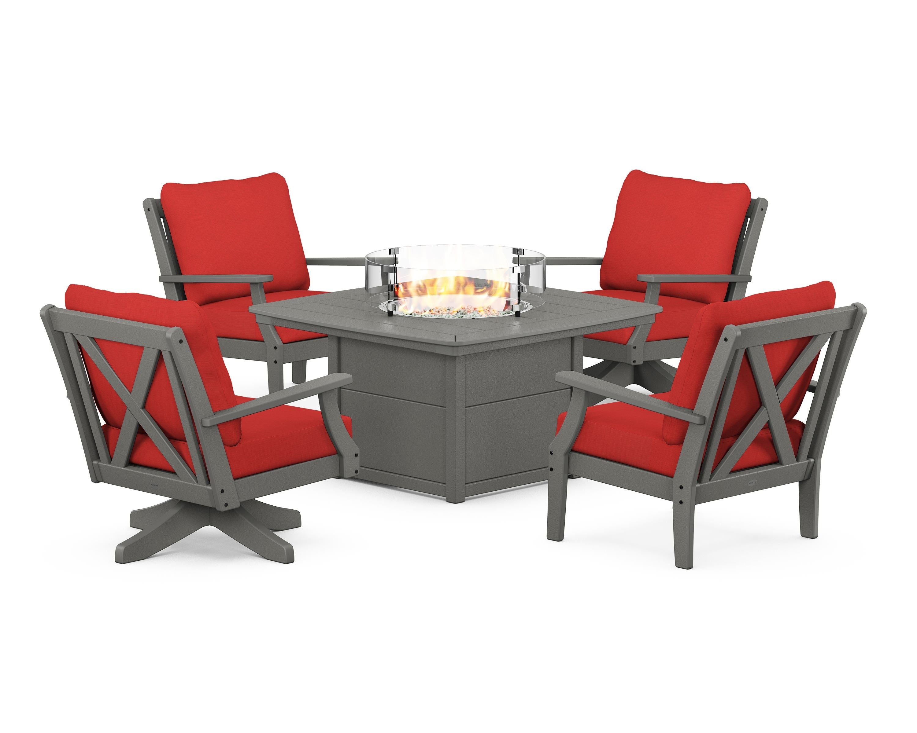 POLYWOOD® Braxton 5-Piece Deep Seating Set with Fire Table in Slate Grey / Crimson Linen