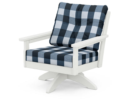 POLYWOOD® Vineyard Deep Seating Swivel Chair in Vintage White / Buffalo Plaid Marine Indigo