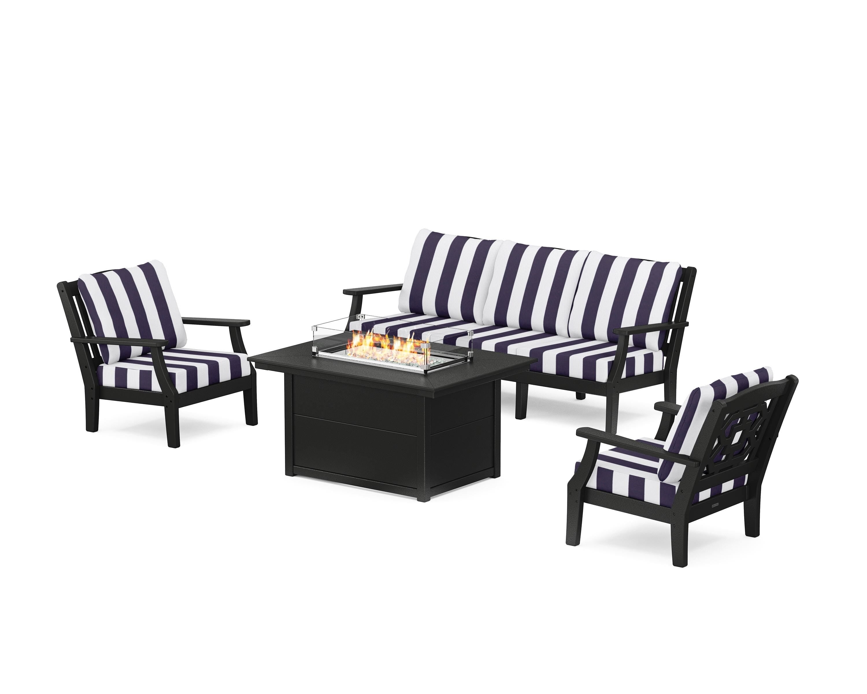 Martha Stewart by POLYWOOD® Chinoiserie Deep Seating Fire Pit Table Set in Black / Cabana Stripe Navy