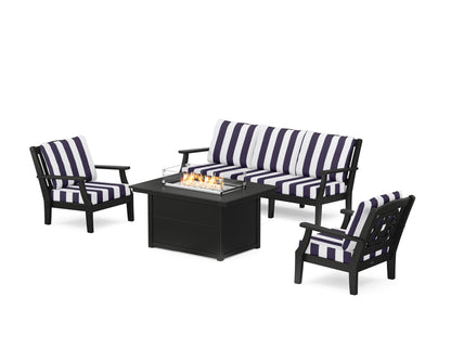 Martha Stewart by POLYWOOD® Chinoiserie Deep Seating Fire Pit Table Set in Black / Cabana Stripe Navy