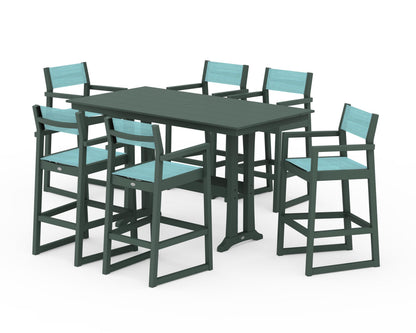 POLYWOOD® EDGE Sling Arm Chair 7-Piece Farmhouse Bar Set with Trestle Legs in Green / Dupioni Aquamarine Sling