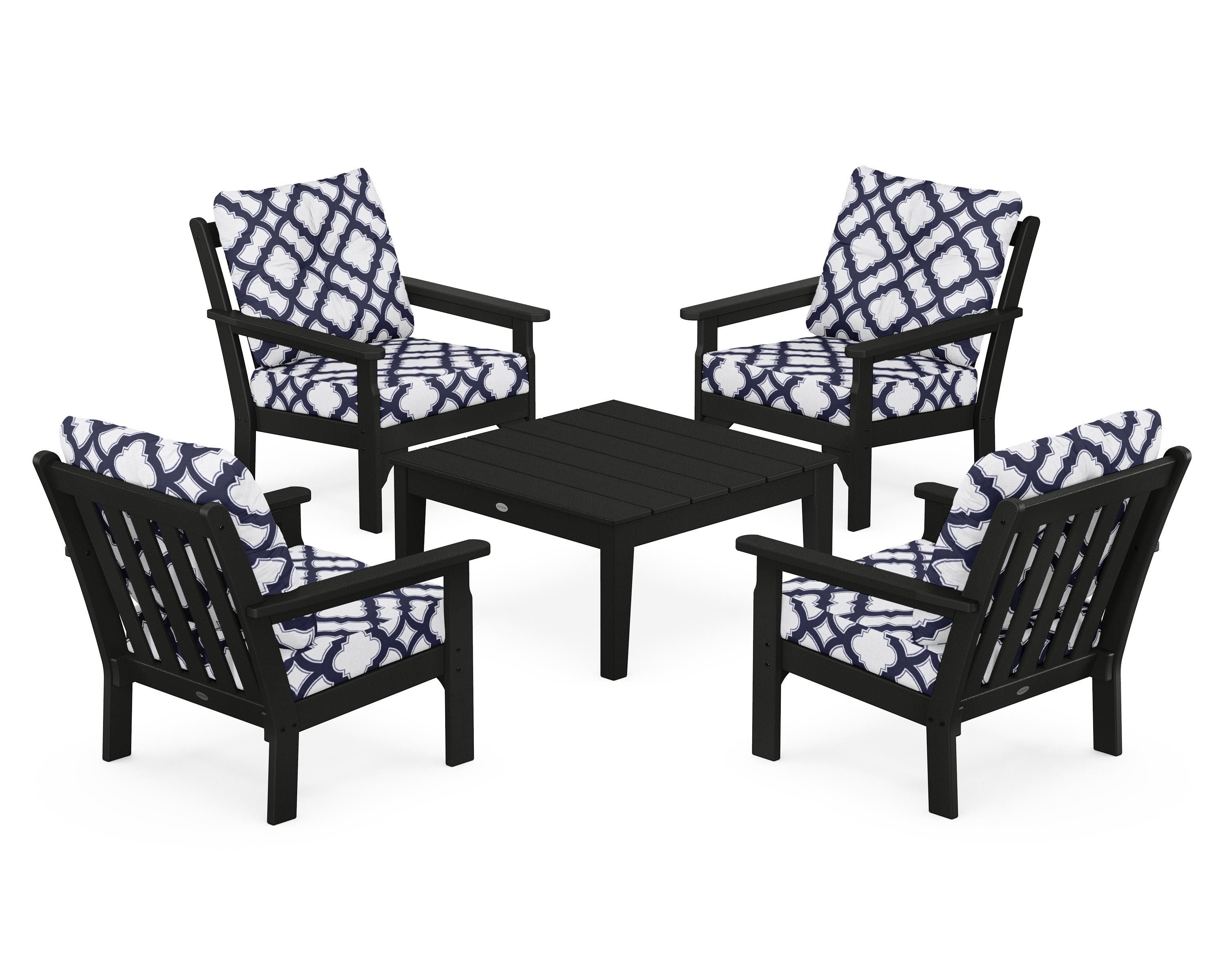 POLYWOOD® Vineyard 5-Piece Deep Seating Conversation Set in Black / Trellis Navy