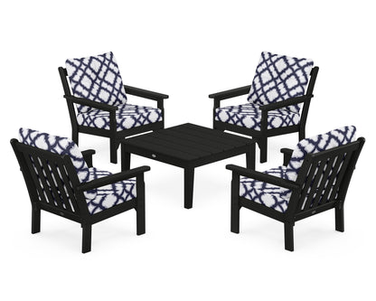 POLYWOOD® Vineyard 5-Piece Deep Seating Conversation Set in Black / Trellis Navy