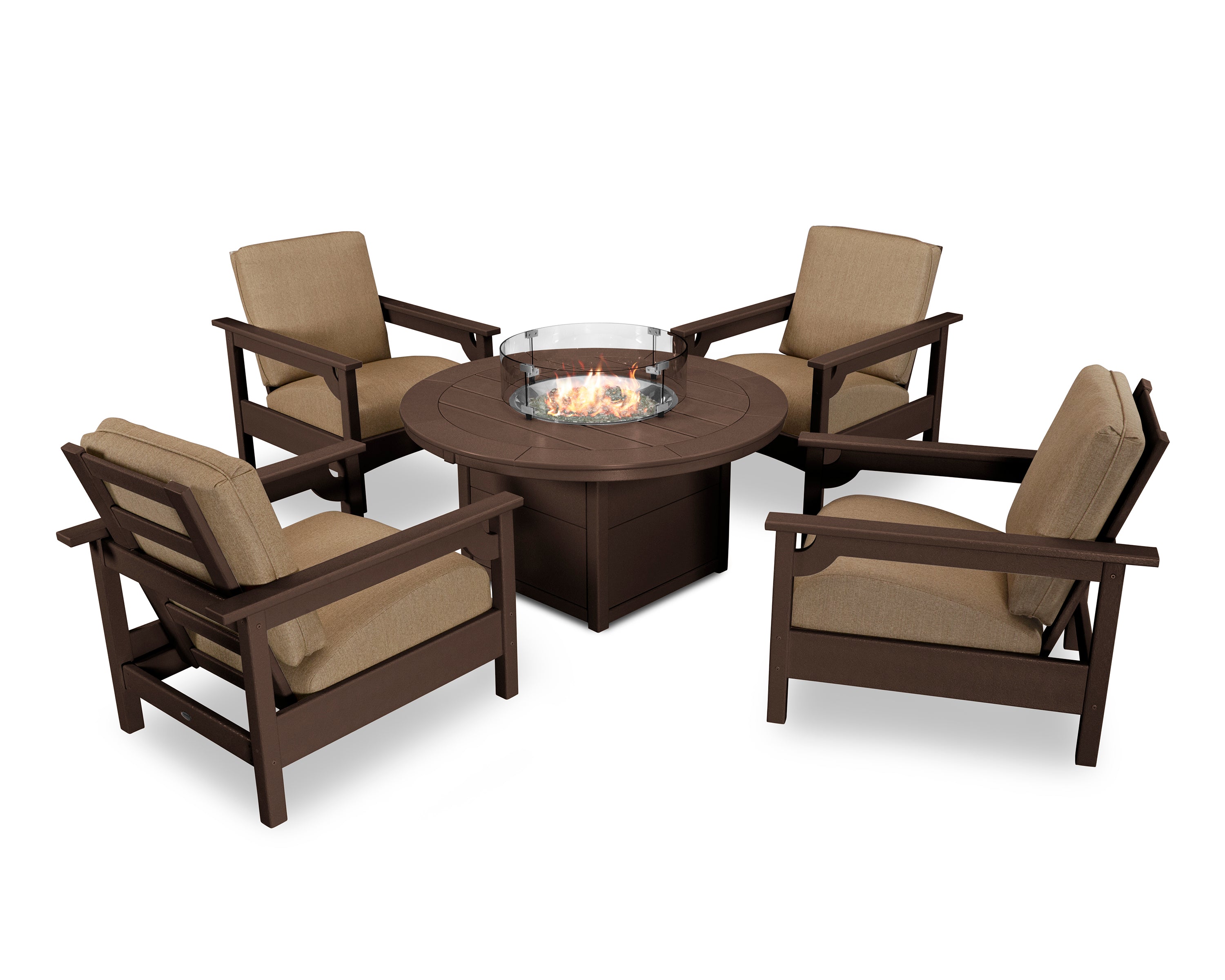 POLYWOOD® Club 5-Piece Conversation Set with Fire Pit Table in Mahogany / Sesame